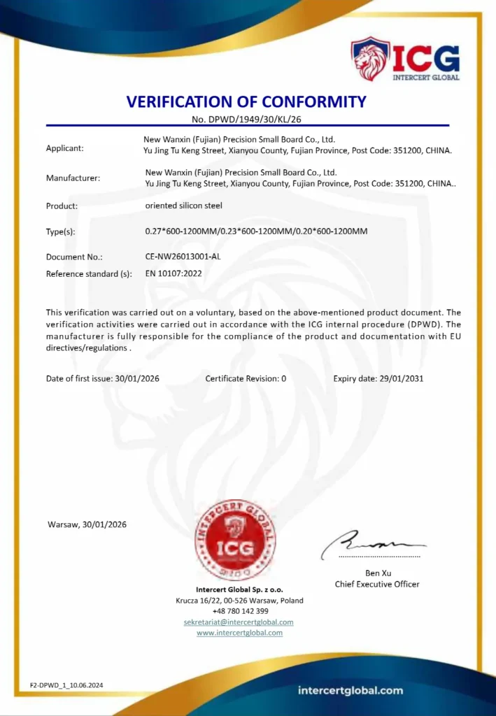 CE Certificate for CRGO Steel Coils and Sheets - Newwanxin Quality Standard